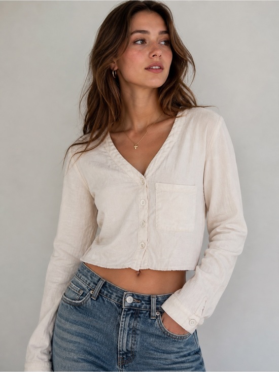 twik Tops - Twik Made in Italy 100% Viscose Cream Cropped Blouse Small Minimalist Boho Top